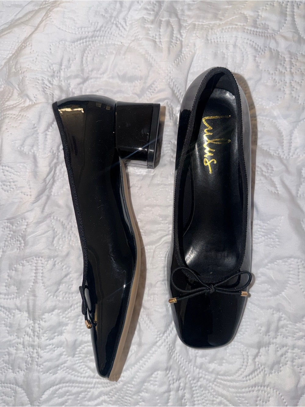 Lulu's Black Patent Leather Bow Block Heel Flats